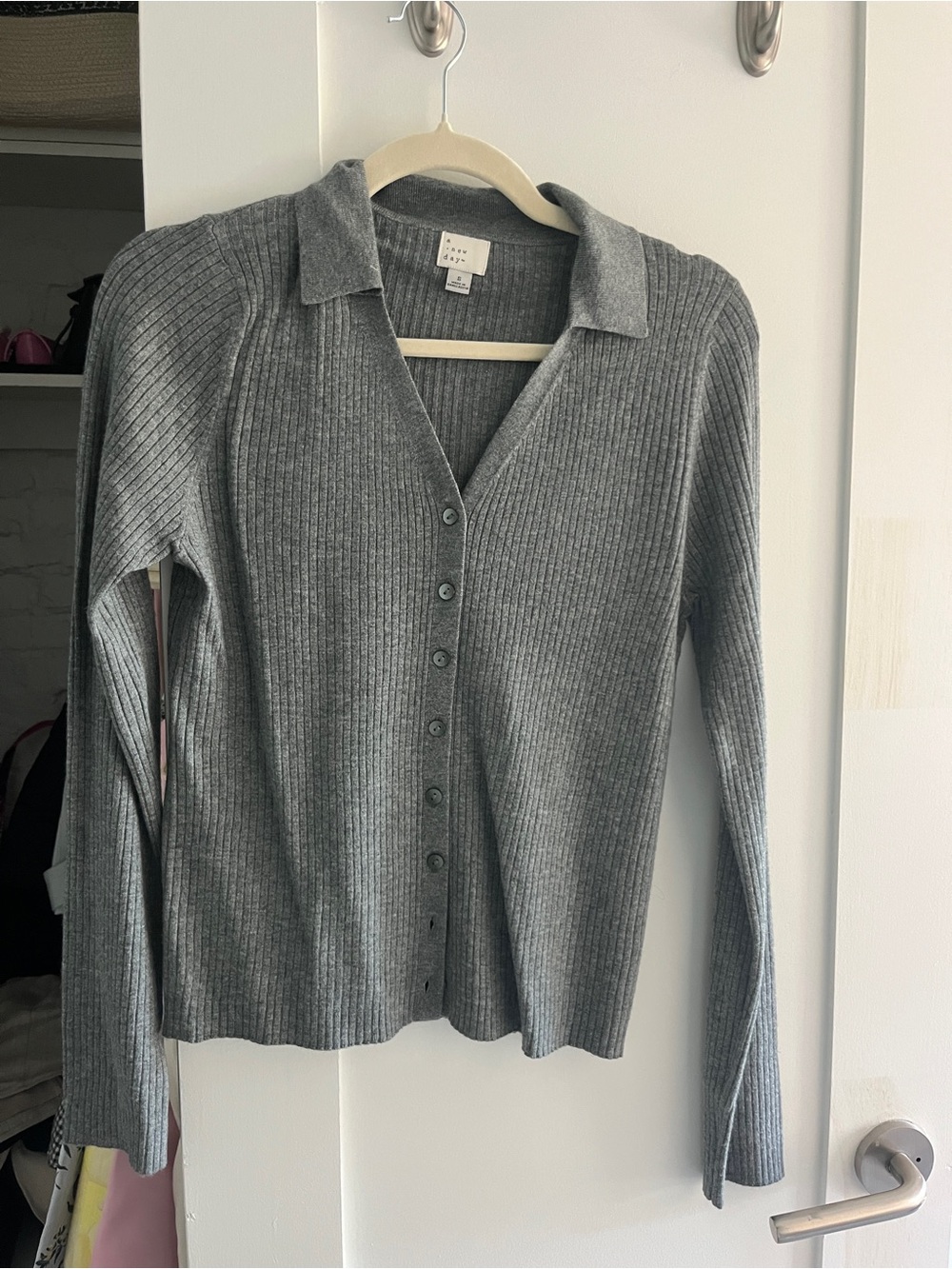 a new day Grey Ribbed Button-Up Sweater Cardigan with Collar